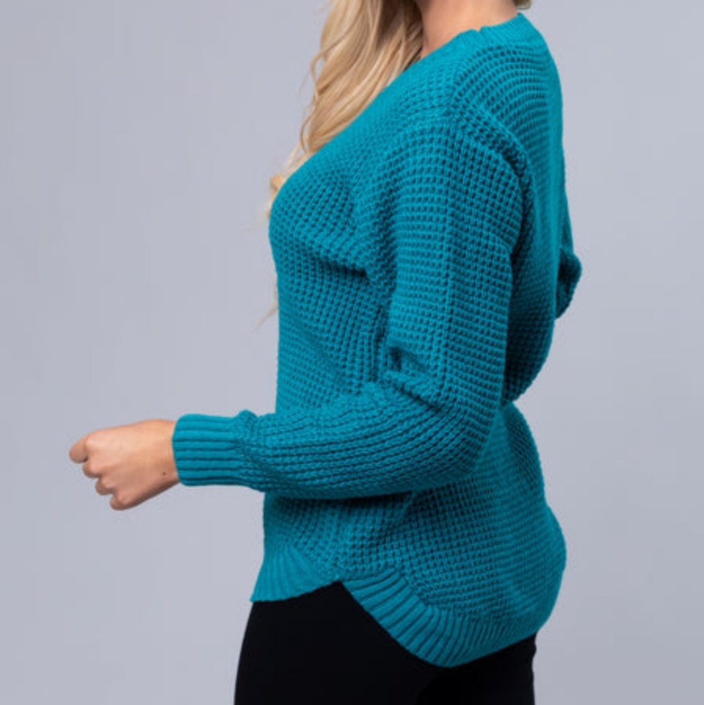 Deep Teal Thick Waffle Knit Curved Hem Sweater